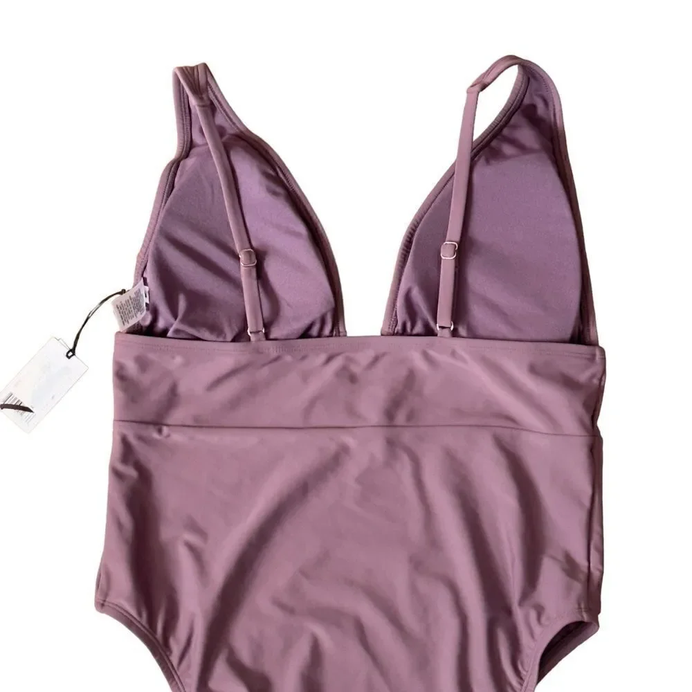 Shade & Shore Women's Torso Plunge Front Swimsuit Mauve Purple XLARGE NWT
